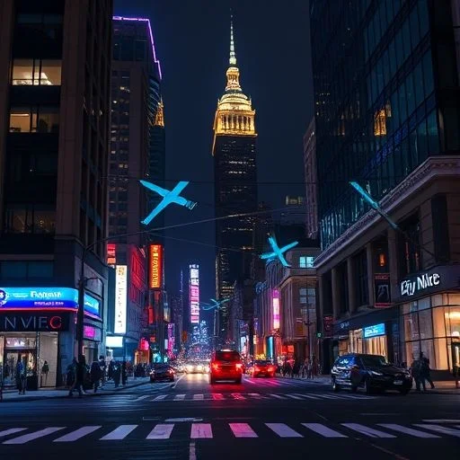A dynamic, energetic abstract image capturing the essence of city night movement through long-exposure light streaks. Ribbons of amber, electric blue, and hints of soft green from unseen light sources against a deeply blurred, dark background of urban infrastructure. Conveys speed and vibrancy. No visible human figures.